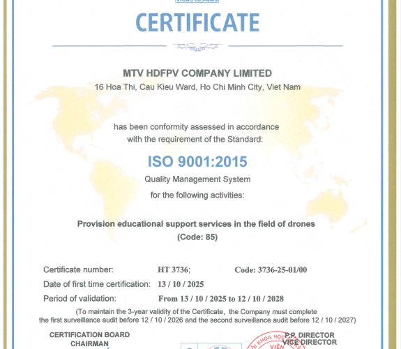  HDFPV ĐẠT CHỨNG NHẬN ISO 9001:2015: KHẲNG ĐỊNH CHẤT LƯỢNG DỊCH VỤ GIÁO DỤC DRONE CHUẨN QUỐC TẾ